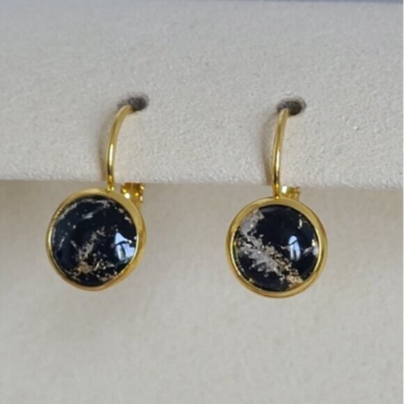 Elegant Hand Crafted Boho Black Gold Gemstone Marble Circle Drop Dangle Earrings - Picture 5 of 15